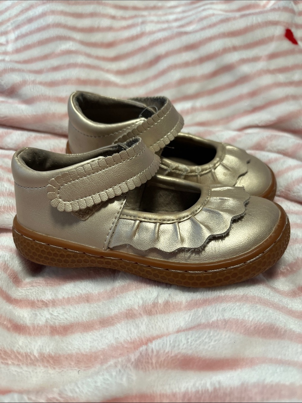 Livie & Luca Metallic Gold Mary Janes with Ruffle Strap